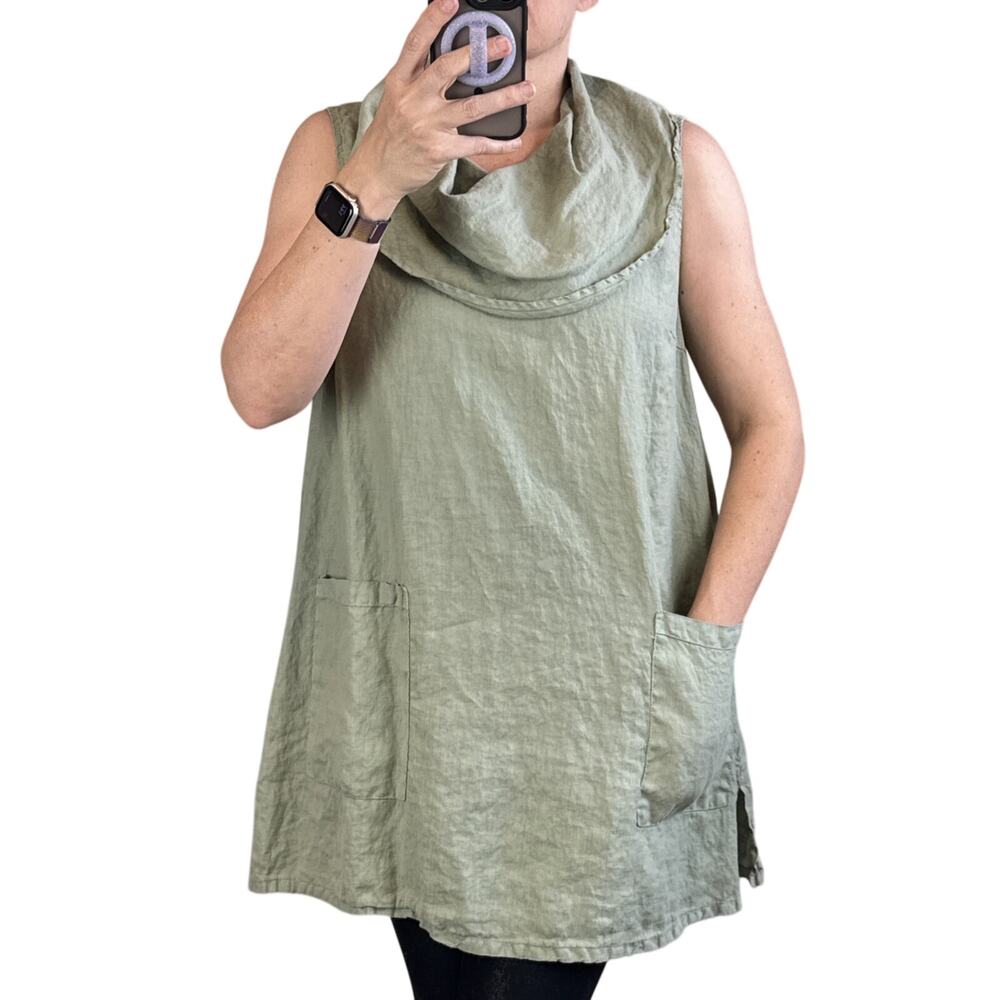 Match Point Cowl Neck Sleeveless Tunic Top Shirt Size S Sage Green Linen Pockets